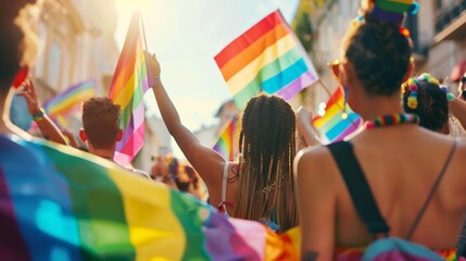 Crowd celebrating with rainbow flags at a public event
