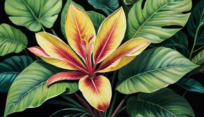 A detailed illustration of a tropical plant with vibrant green and yellow leaves, highlighting its lush and exotic nature.