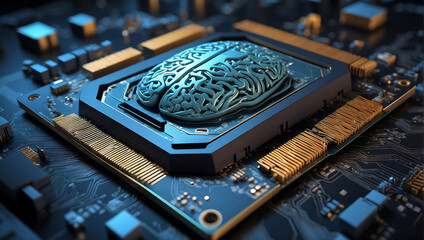 A human brain with highlighted neural pathways placed inside a glowing computer microchip, the image conveys a concept of artificial intelligence and the fusion of technology and neuroscience