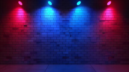 Red and Blue Neon Lights on Brick Wall with Spotlight