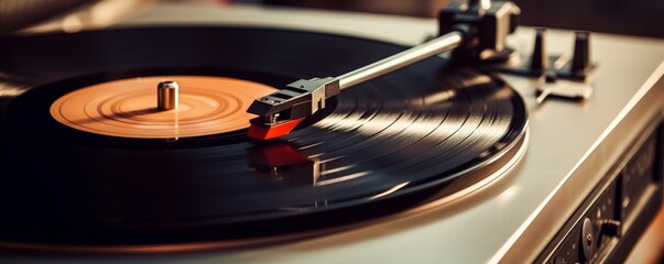 Close-up of vinyl record on turntable with needle in motion, capturing the essence of vintage music and nostalgic sound.
