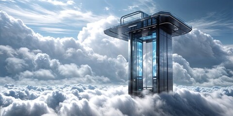 futuristic elevator is seen floating above the clouds, with a clear cabin and metallic frame. The sky is blue with white clouds, and there are mountains visible through the clouds below.