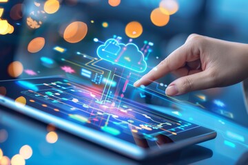 Finger interacting with a digital tablet displaying a glowing cloud padlock, representing secure cloud technology and data protection.