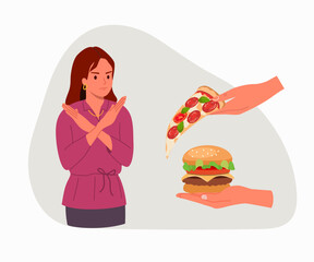 Young woman showing a negative gesture and stop to the fast food. Pizza on hand. Vector cartoon flat style illustration
