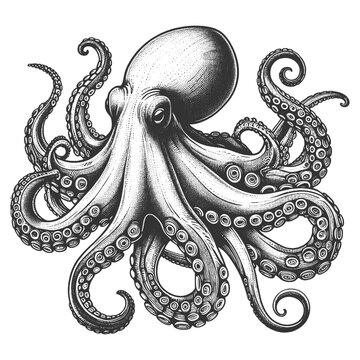 recommend clip art: octopus sea animal food with swirling tentacles and suction cups, in a classic engraving style sketch engraving generative ai vector illustration. Scratch board imitation. Black and white image.