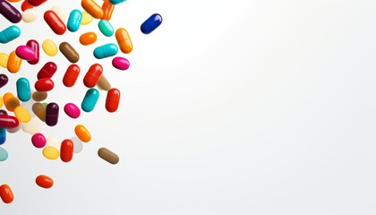 Colorful pills and capsules scattered on a white background, representing medication, health, and supplements.
