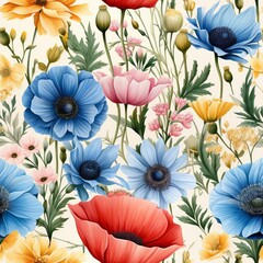 Colorful floral pattern with various blooming flowers including blue, red, pink, and yellow blossoms on a light background.