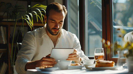 Handsome man reading news on tablet over breakfast