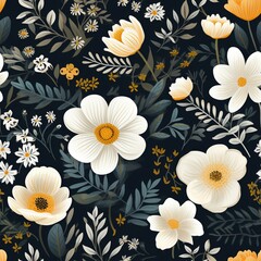 Charming white and yellow flowers intertwined with subtle greenery against a dark background, offering a modern floral elegance.