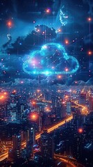 Obraz premium 5G wireless network high speed internet clouds connection clouds data transfer bright city background