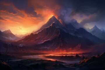 Breathtaking digital artwork of a volcanic landscape illuminated by the warm glow of a sunrise