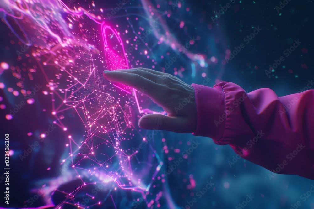 Poster hand interacting with a digital network, symbolizing advanced data protection and comprehensive cybe