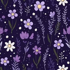Small cute flowers and plants on a purple background. The seamless pattern for fabric, wrapping paper, and wallpaper.
