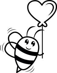 Bee with balloon doodle art illustration with black and white style.