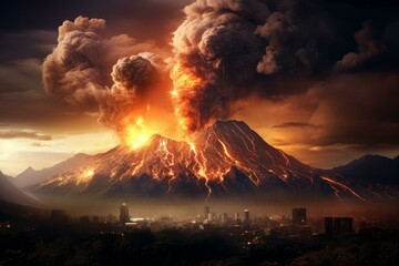 Dramatic view of a fiery volcano eruption with ash cloud over an urban area during a vivid sunset