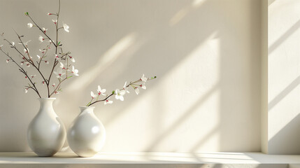 Minimalist White Vases with Delicate Flowers in Sunlit Room