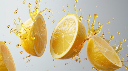 Photorealistic lemon slices and juice splash isolated