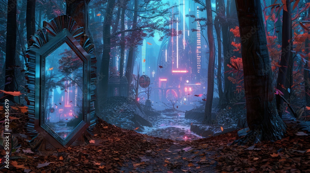 Aufkleber a forest with purple color theme and large glassy mirror in the forest with view of the forest in th