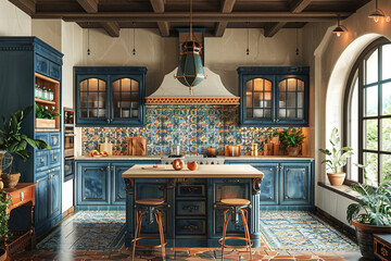A kitchen with a mix of colors and patterns creating an eclectic style - Powered by Adobe