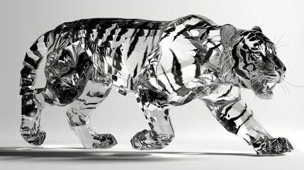 3D super cute running tiger made of clear diamonds, shiny translucent, simple bright clear background with diamond texture, light reflection effect, high resolution, detailed texture, sparkling effect