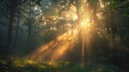 A mystical scene of a forest at dawn, with sunlight filtering through the trees, creating a magical aura of energy and tranquility.