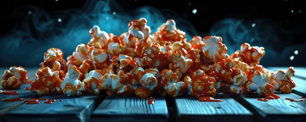 Close-up of caramel popcorn on rustic wooden table with dark background, perfect for snack and...