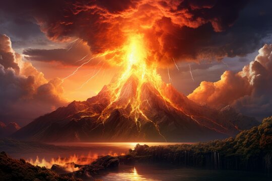 Awe-inspiring image of a volcanic eruption amidst a fierce lightning storm at dusk