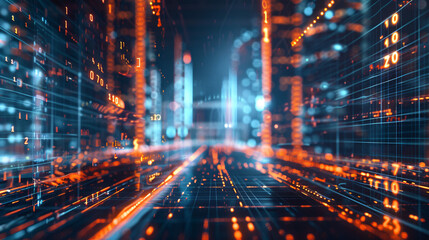 Digital cityscape data flow. Futuristic cityscape with glowing data streams, representing digital information flow in a smart city environment.