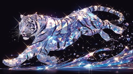 3D super cute running tiger made of clear diamonds, shiny translucent, simple bright clear background with diamond texture, light reflection effect, high resolution, detailed texture, sparkling effect