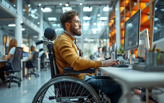 Man in wheelchair using computer at office. Generative AI - Powered by Adobe