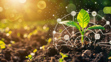 Growing Plant with Digital Network Icons in Sunlit Field