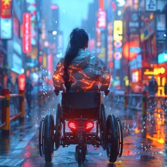 Obraz premium Abstract Cityscape Sets Stage for Futuristic Womans Transformative Wheelchair Race
