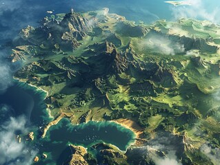 Fantastic game 3D digital map with sea, ocean, mountains, lands, trees, ships.