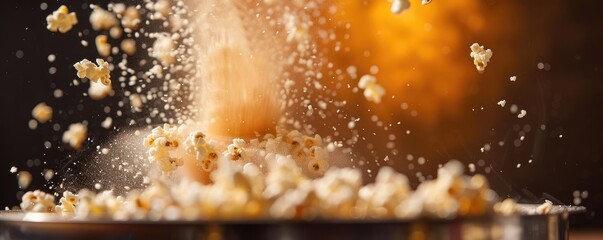 Close-up of popcorn kernels popping in mid-air, with vibrant yellow background, capturing the...