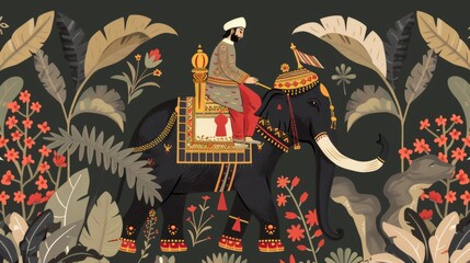 Mahout riding elephant in a garden, traditional Mughal king pattern modern illustration