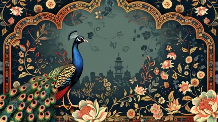 Invitation design featuring middle eastern seamless pattern and Mughal arch with peacock illustration