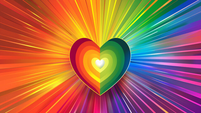 LGBTQ Pride rainbow gradient with a central colorful heart, ample space for text.