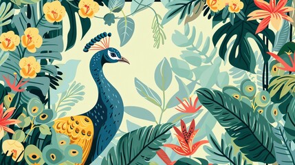 Obraz premium A seamless pattern of a garden arch, a peacock, a plant, and a bird