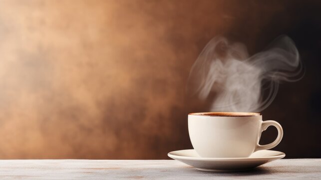 Steaming hot coffee in a white cup on a saucer against a brown background, creating a warm and inviting atmosphere.