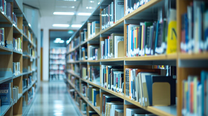 Library bookshelves perspective. Rows of bookshelves filled with literature in a library, offering a sense of knowledge and learning.