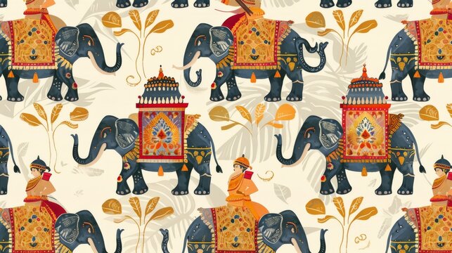An illustration of a traditional Mughal elephant caravan to be used as wallpaper frame pattern