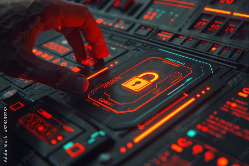 Poster hand interacting with a glowing cloud padlock on a laptop, representing secure cloud storage and dat