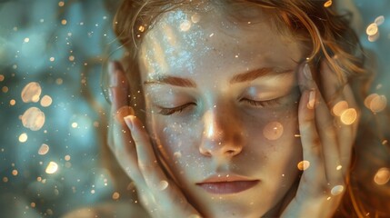 A young woman with closed eyes, her hands gently touching her temples, as if concentrating deeply, surrounded by a soft, ethereal light, suggesting telepathy.