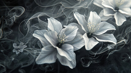 Beautiful abstrct white flower on black decorative background as wallpaper illustration, Elegant White Flower