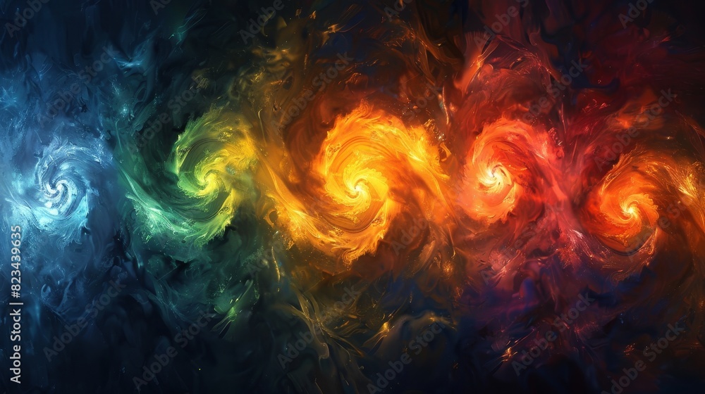 Poster an abstract representation of the seven chakras, each depicted as a swirling vortex of light in corr
