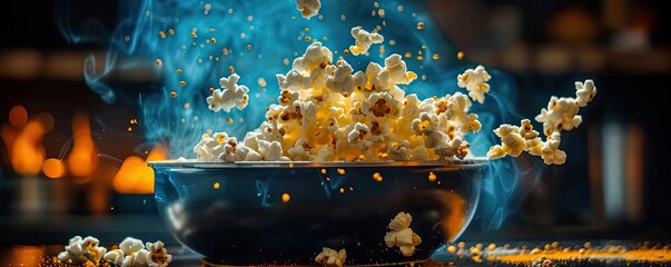 A vibrant image of freshly popped popcorn in mid-air from a bowl with a cozy background, showcasing a perfect snack moment.