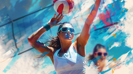 Woman beach volleyball player before hitting the ball.