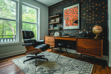 A mid-century modern home office with a sleek walnut desk and a vintage Eames chair. Bold geometric wallpaper adds a touch of personality, while a collection of antique cameras
