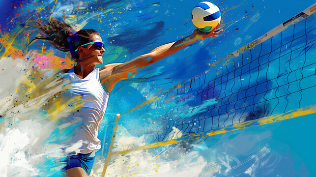 A woman beach volleyball player in action. Digital painting.