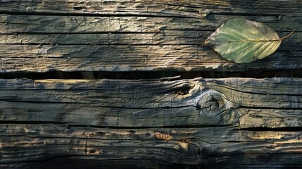 Weathered wood planks with an autumn leaf for fall themed design